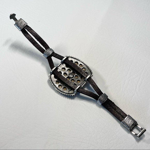 Vintage Leather Bracelet Silver Rhinestone Cross Yellow Crocodile - Picture 5 of 7